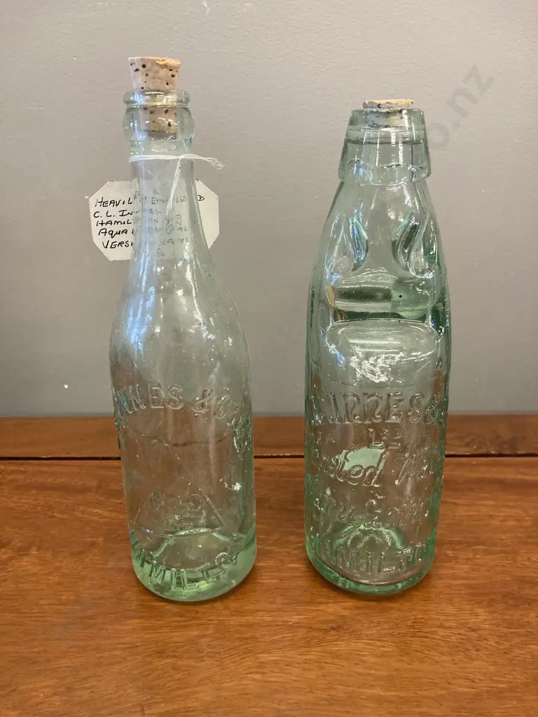 C.L. Innes & Co. Hamilton Bottles  x 2 - Codd Bottle, Stylised Logo & 6348 On Base &1913 Embossed Aqua Glass Bottle Image 1++